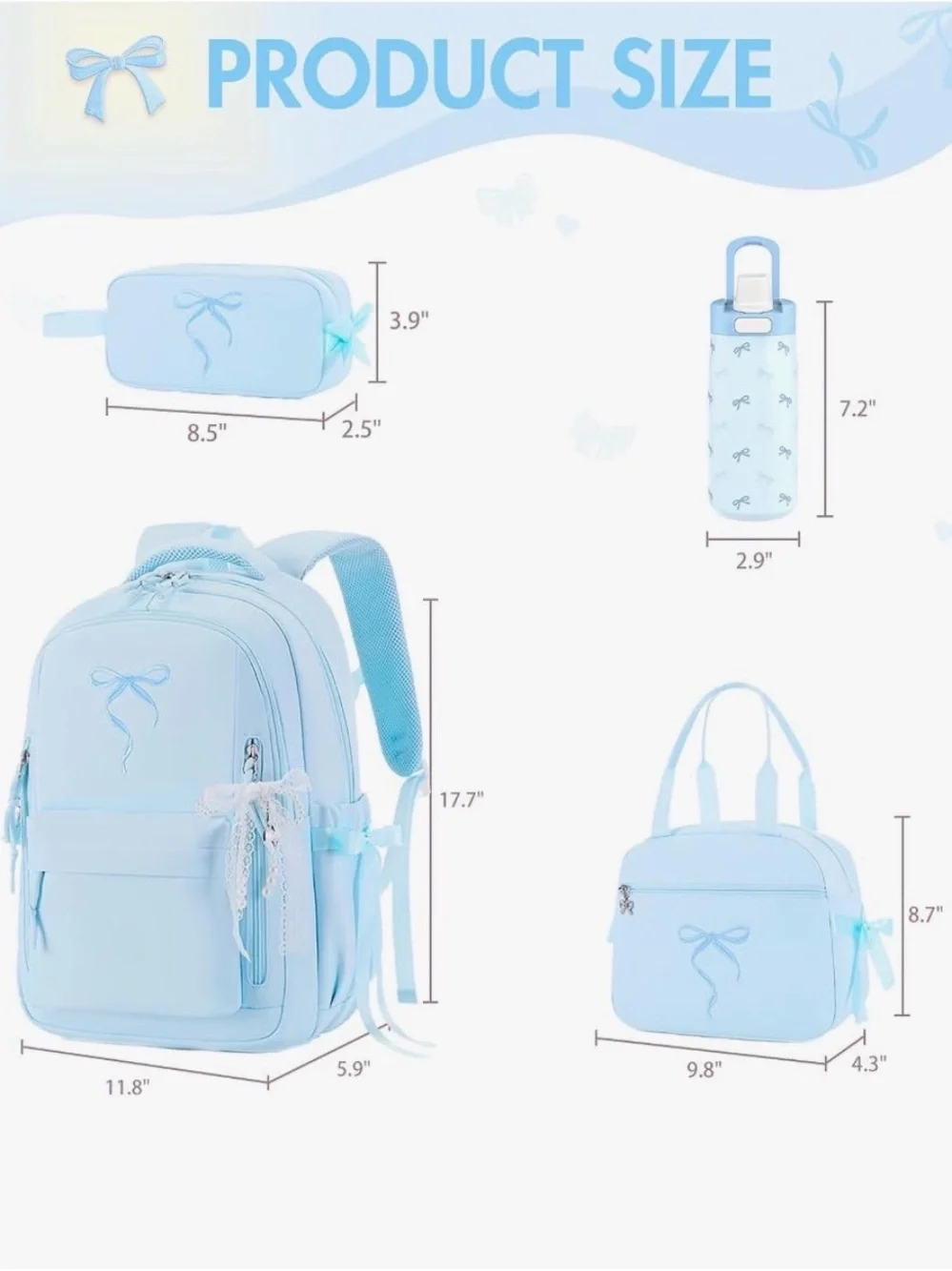 Kids Light Blue Bow Backpack Set with Lunch Bag & Water Bottle